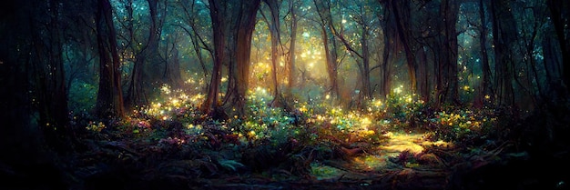 Fantasy forest floor, trees, nature, green, light. Forest landscape. Digital Illustration