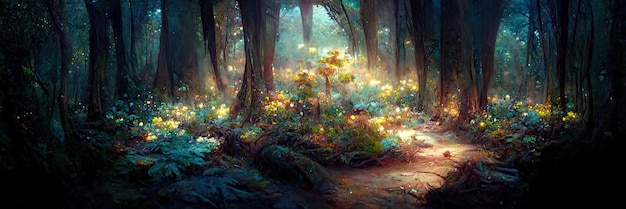 Fantasy forest floor, trees, nature, green, light. Forest landscape. Digital Illustration