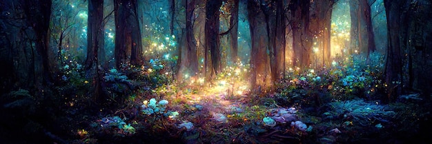 Fantasy forest floor, trees, nature, green, light. Forest landscape. Digital Illustration