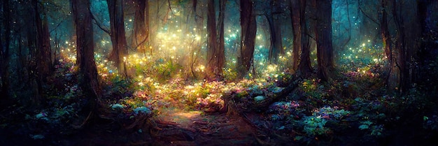 Fantasy forest floor, trees, nature, green, light. Forest landscape. Digital Illustration