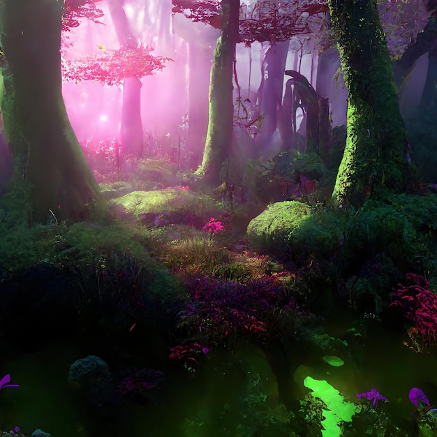 Fantasy forest landscape Magical dark fairytale forest neon sunset rays 3D illustration