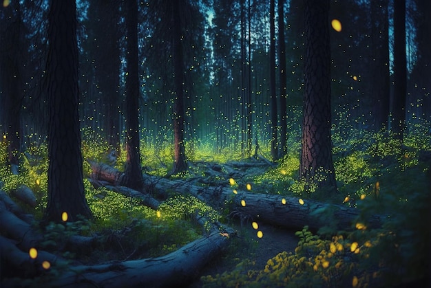 Fantasy forest at night magic lights and fireflies in fairytale wood generative AI