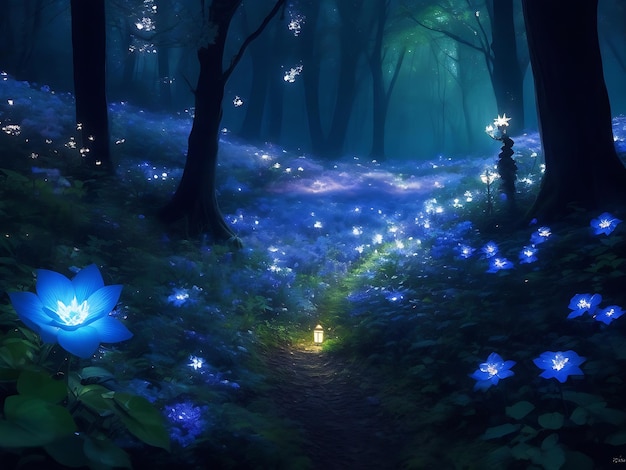 Fantasy forest at night magic luminous flowers in fairytale wood Ai Generate