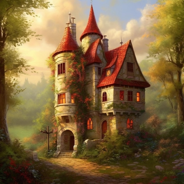 Fantasy forest stone cottage cartoon house pictures AI Generated art