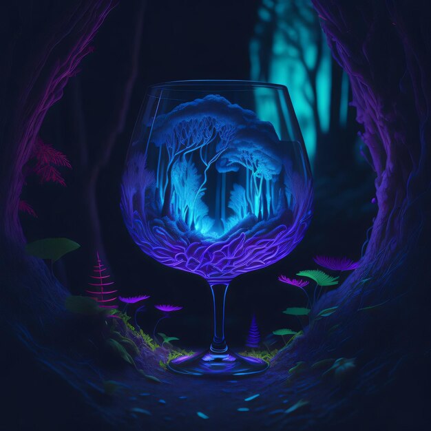 Fantasy forest in a wine glass neon realistic glow generative ai