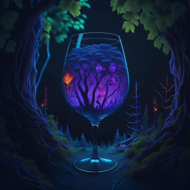 Fantasy forest in a wine glass neon realistic glow generative ai