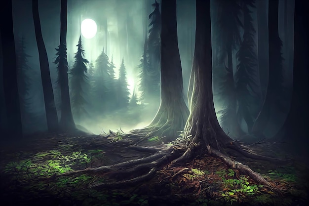 Fantasy forest with dramatic light