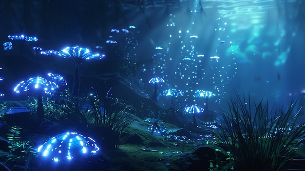 Photo fantasy forest with glowing blue mushrooms and underwater effects