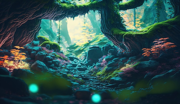 A Fantasy Forest with Glowing Trees and Luminescent Flowers Generative ai