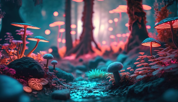 A Fantasy Forest with Glowing Trees and Luminescent Flowers Generative ai