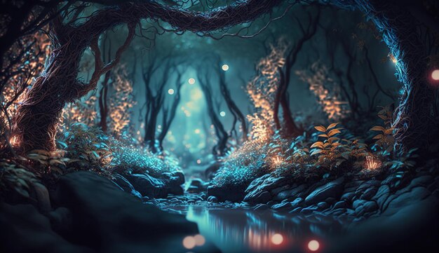 A Fantasy Forest with Glowing Trees and Luminescent Flowers Generative ai