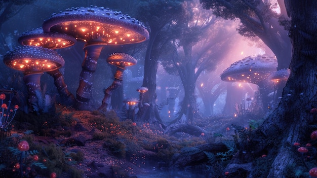 Fantasy Forest with Luminous Giant Mushrooms Resplendent