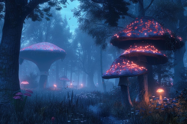 Fantasy Forest with Luminous Giant Mushrooms Resplendent