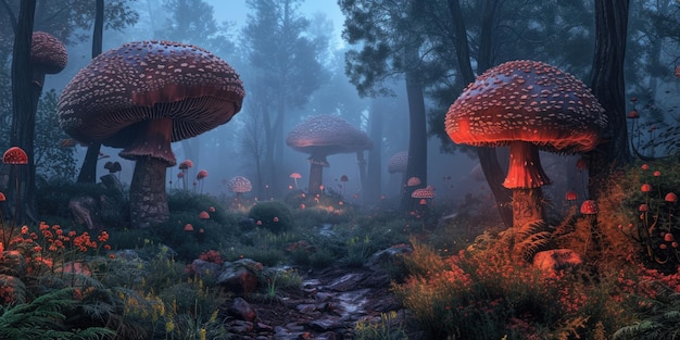 Fantasy Forest with Luminous Giant Mushrooms Resplendent