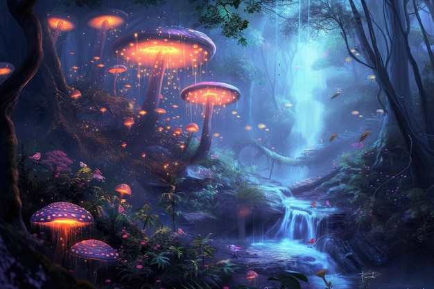 Fantasy forest with luminous giant mushrooms resplendent