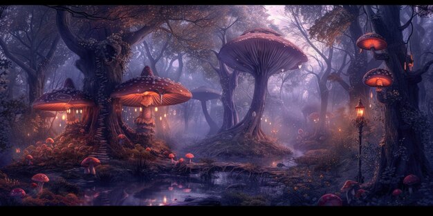 Fantasy forest with luminous giant mushrooms resplendent