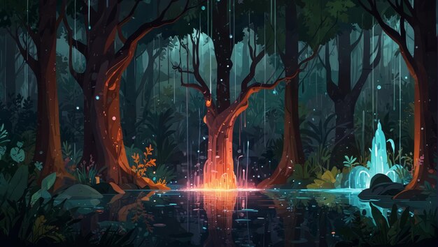 Fantasy forest with magical fountains CG illustration cartoon style 2d style