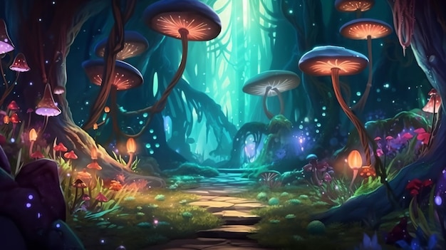 a fantasy forest with mushrooms and a path