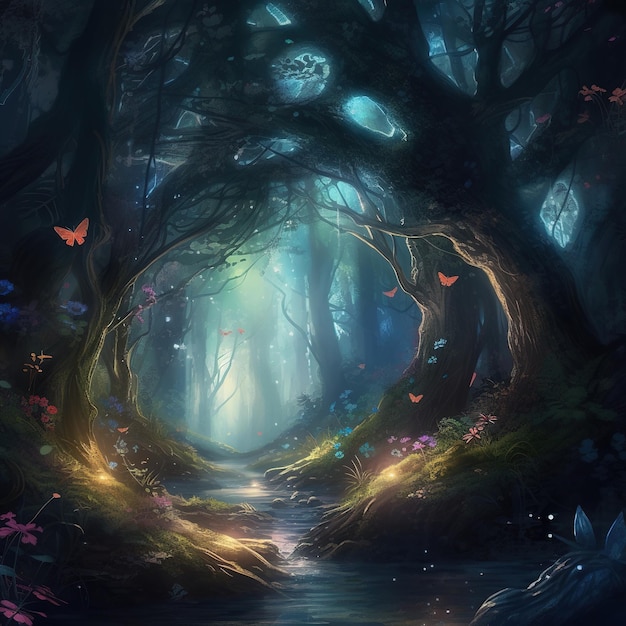 A fantasy forest with a path that has a light on it