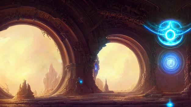 Fantasy galactic majestic portal neon An abstract passage a door to an unreal world Round stone arches 3D illustration