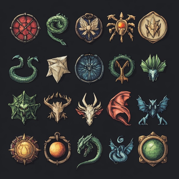 Photo fantasy game icons set dragons creatures and symbols