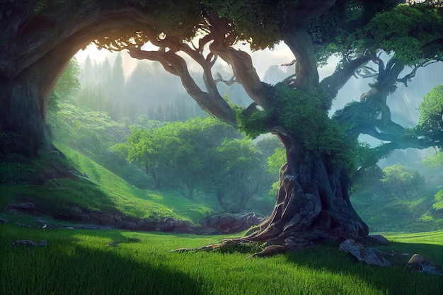 Fantasy a giant green tree on the mountain digital art painting 3D illustration