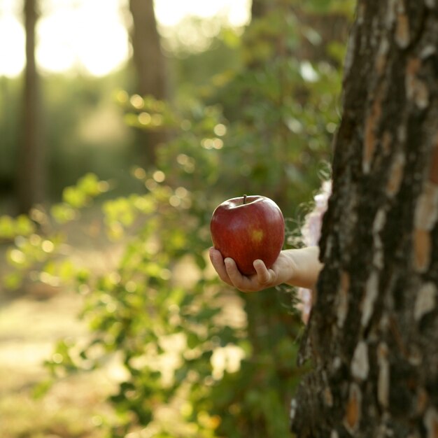 Fantasy girl holding a red apple in the forest