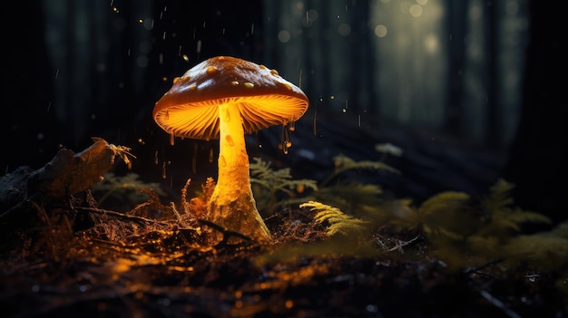 Fantasy glowing mushrooms in a dark dark forest closeup created with Generative AI technology