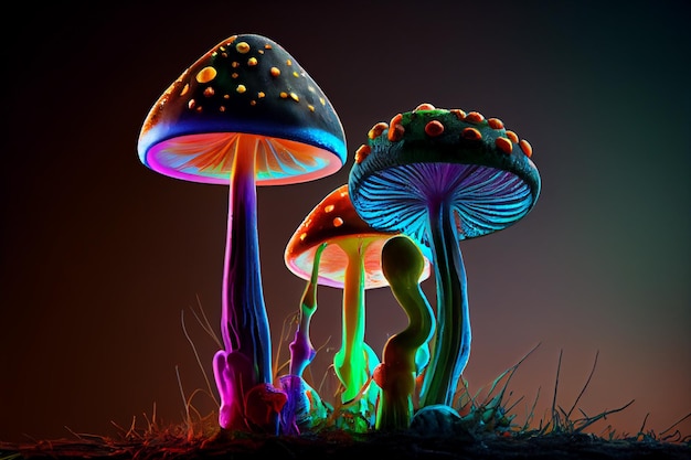 Fantasy glowing neon magic fungus mushrooms on dark background Illustration