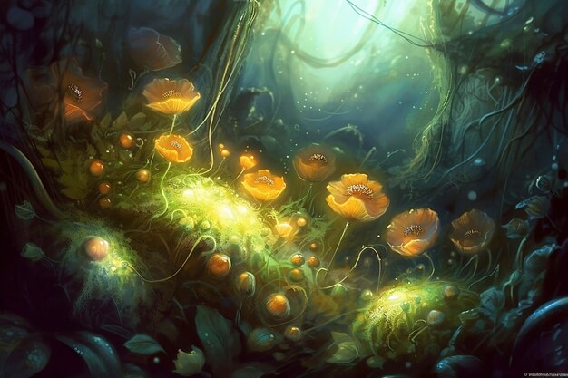 Fantasy glowing orange flowers in dark forest close up