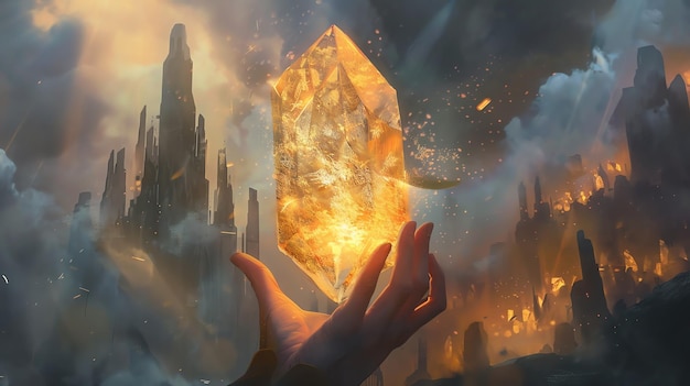 Fantasy glowing yellow crystal in womans hand Magic and sorcery concept