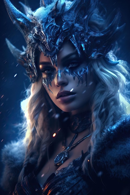 Fantasy goddess in blue tones cinematic scene of a wild women god powerful magical