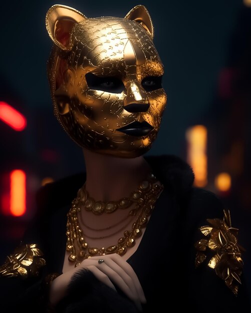 fantasy goddess in Tiger Cheetah golden mask and golden accessories in dramatic lights