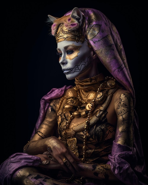 A fantasy goddess witch wearing golden cat mask and golden accessories with pink fabrics