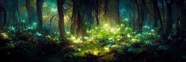 Fantasy green forest floor, trees, nature, green, light. Forest landscape. Digital Illustration