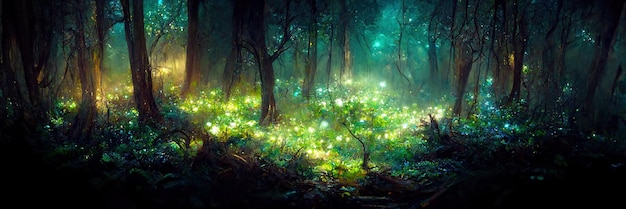 Fantasy green forest floor, trees, nature, green, light. Forest landscape. Digital Illustration