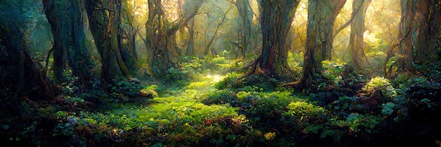 Fantasy green forest floor, trees, nature, green, light. Forest landscape. Digital Illustration