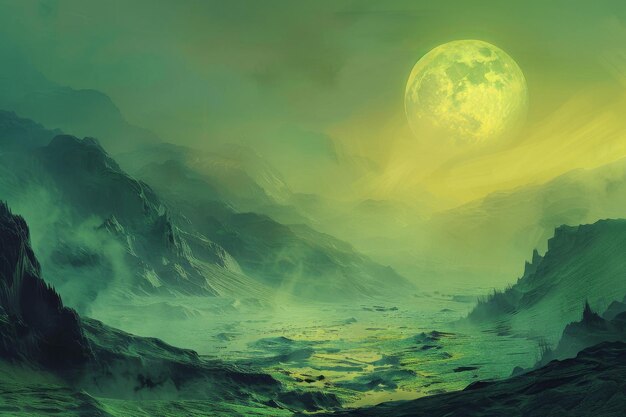 Fantasy green landscape with moon and mist surreal alien planet