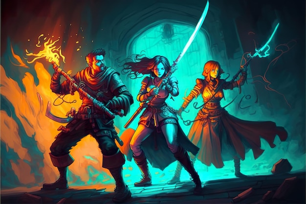 Fantasy a group of heroes in a dungeon fighting