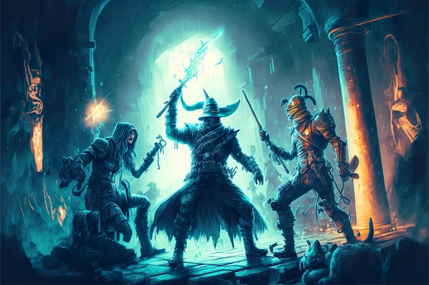 Fantasy a group of heroes in a dungeon fighting