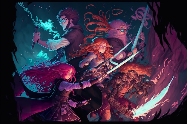 Fantasy a group of heroes in a dungeon fighting