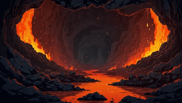 Fantasy hell landscape with lava cave Fire magma and molten rock inside the dungeon Devil tunnel and molten river flow through the lava cave 2d style