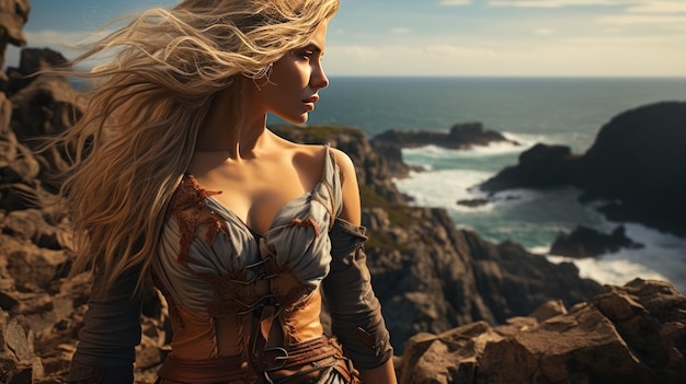 Fantasy heroine in metal armor standing on a rocky cliff