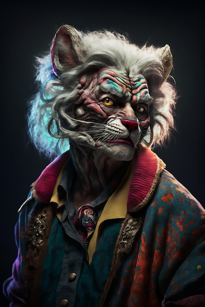 A fantasy Horror Tiger in Clown Classic costume suit and face makeup