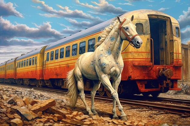 Fantasy horse running near old train illustration generative ai