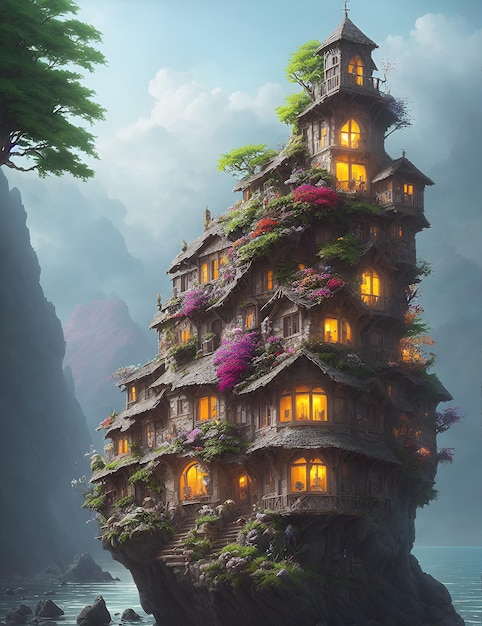 A fantasy house on a cliff with a mountain in the background.