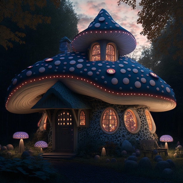 A fantasy house of illuminated mushrooms, a fabulous worl