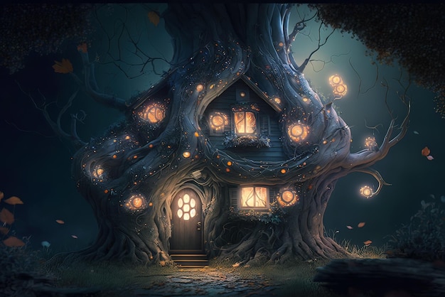 Fantasy house in magic forest at night fairytale habitation in tree trunk generative AI