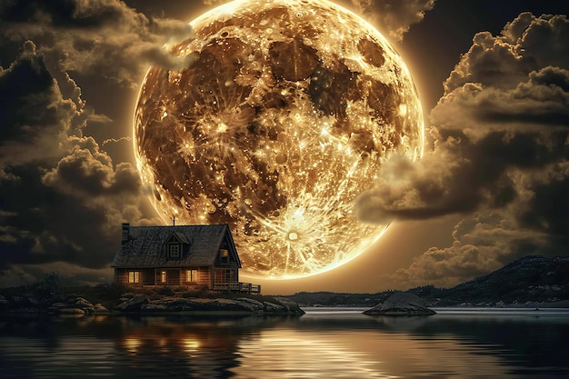 Fantasy house in the sea on a background of the full moon