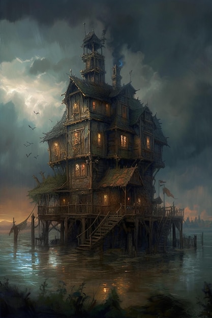 A fantasy house in the water with a cloudy sky above it.